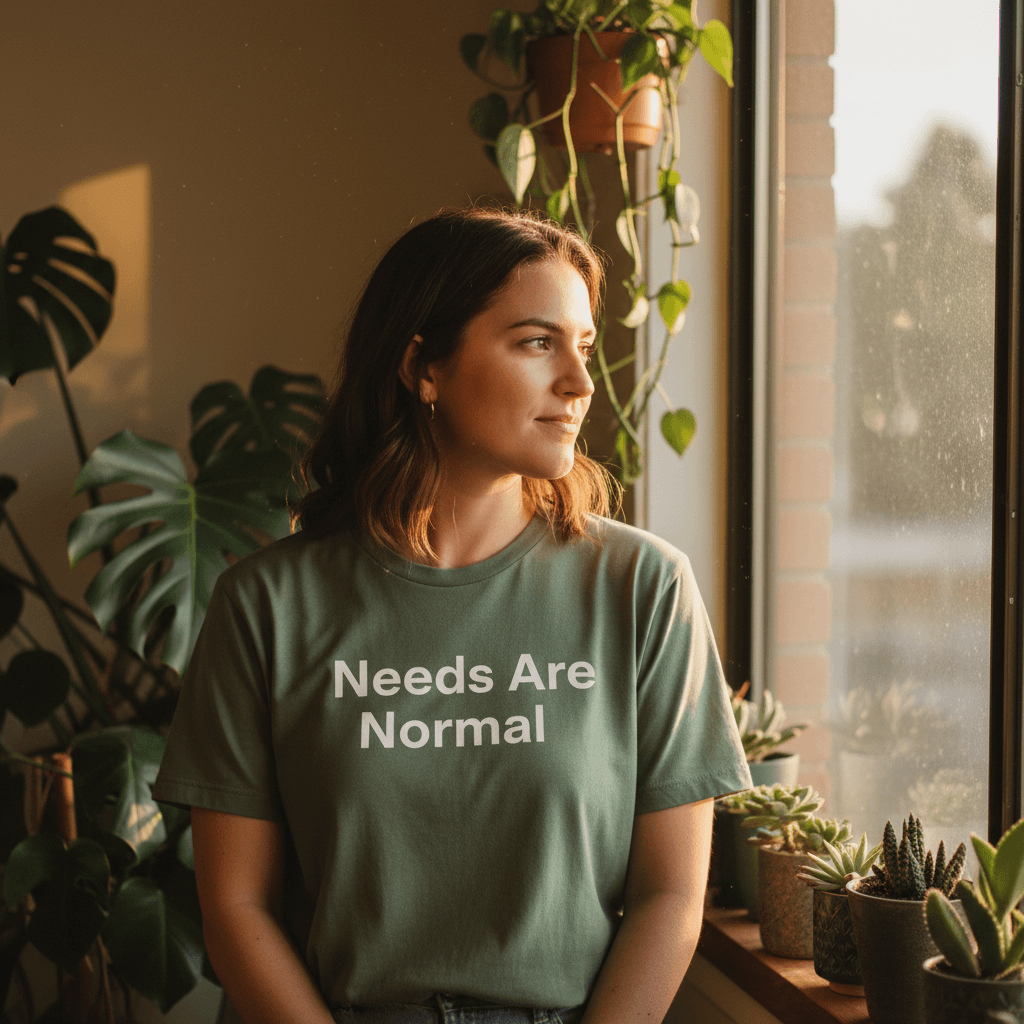 Person wearing Needs Are Normal t-shirt in warm natural light