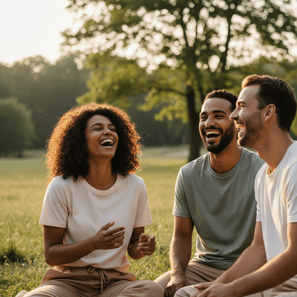 Friends laughing together wearing comfortable t-shirts